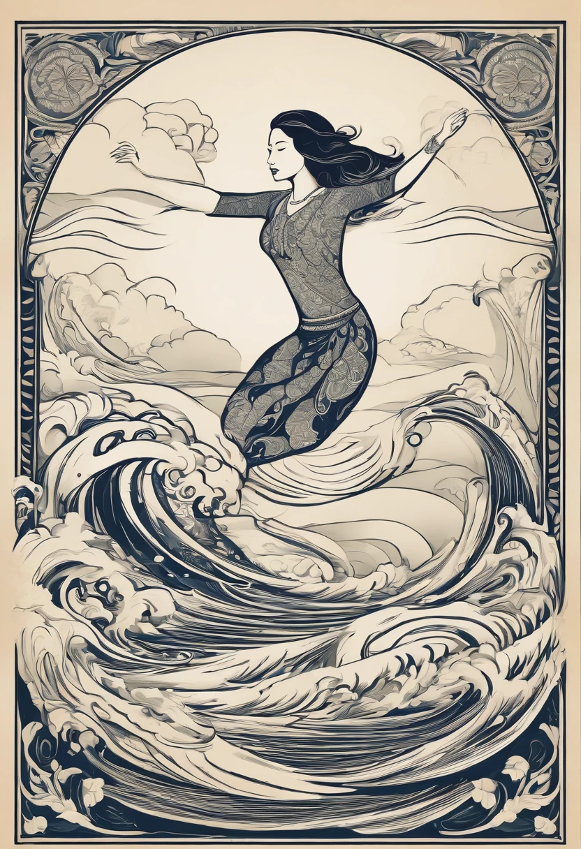 Beautiful drawing of Nishikigoi jumping out of the water、A simple Haida design flows through the Nishikigoi、Haida's design is simple, Clean flowing lines with no filler pattern on the inside、Side view of the whole body、Art Nouveau advertising style、I'm looking with my head down。Forward、Cinematic、typographic