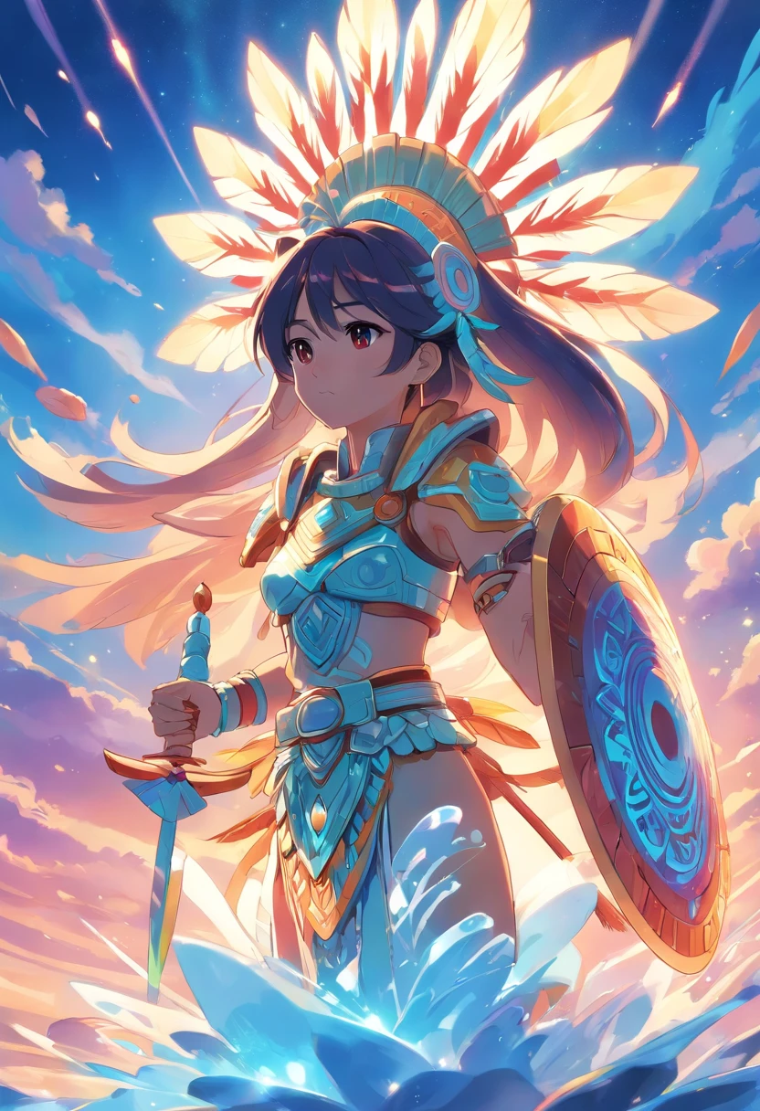 Aztec Warrior, gem-like and shell-like iridescent armor, colors are pearl white and glowing sky-blue, Beryl Conch, glowing iridescent, masterpiece, best quality