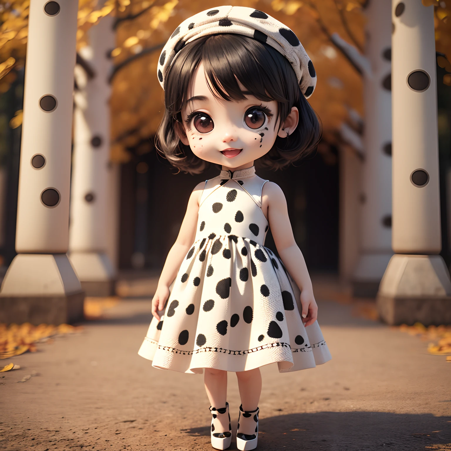 Cute  Chibi Anime,(((Chibi 3D))) (Best Quality) (Master Price)、Dalmatian ears、Black Hair Corn Row Hairstyle、(Dalmatian Pattern Dresses:1.4)、(Dalmatian Pattern High Heels:1.4)、a small face、petibody、Open your mouth and smile、Standing、The background is a fairytale autumn forest