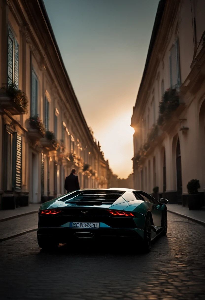 wide-angle photo portrait of a handsome man's back about to get into lamborghini, only see his back, no face, no front, (40 ans:1.1), (shaven:1.2) , (curly short brown hair:1.2),(Cheveux courts:1.3). Dark brown tight velvet suit, (posing backwards outside the mansion with a lamborghini:1.1), crowded street with cafes in the distance, Cold and dark sunset at dusk, (Edge Light:1.1), (hard light on the skin:1.2), (ombres dures, dark themed, Contraste profond:1.1), Dark mint theme and choral aesthetics, (skin imperfections)