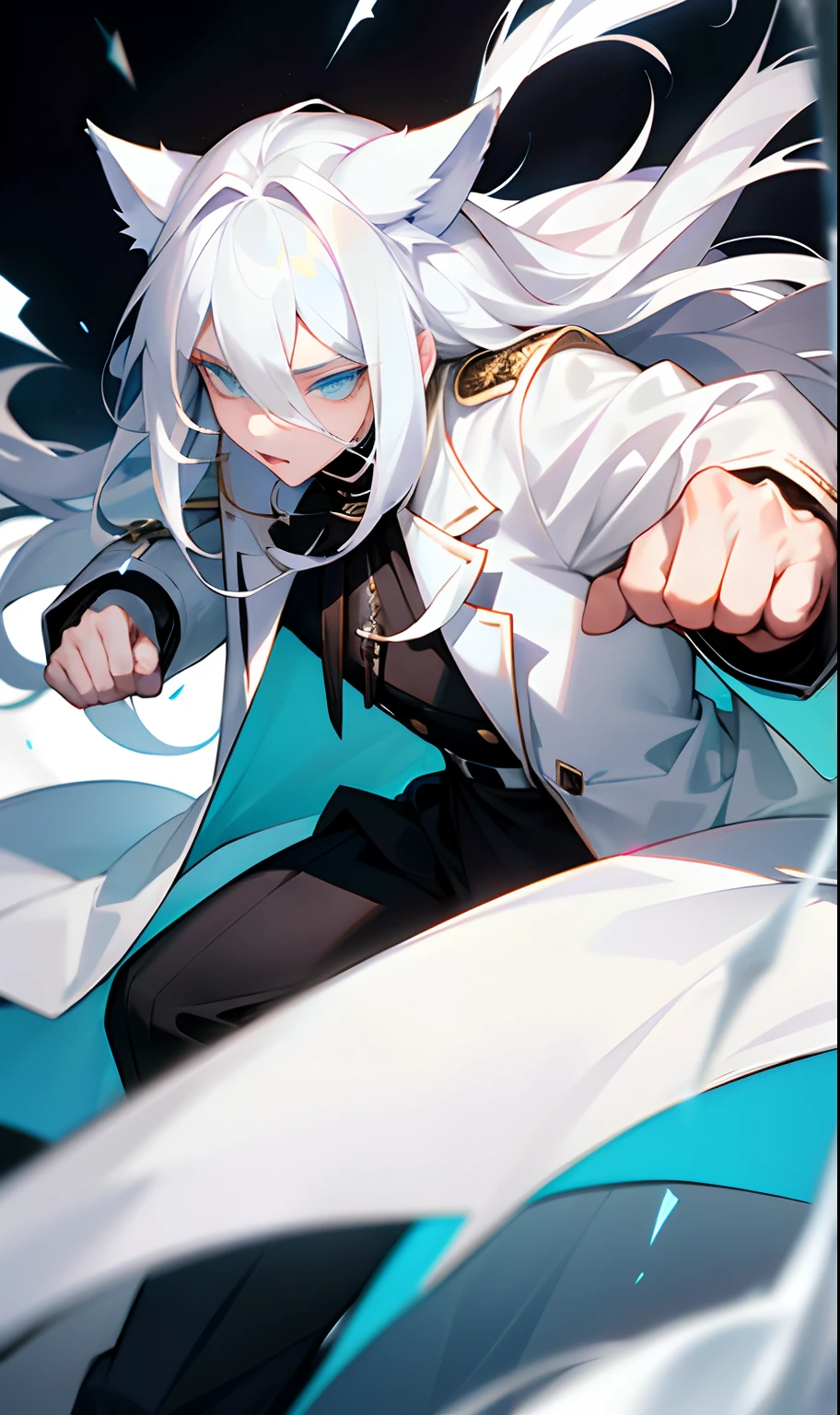 Boy with thick long white hair with wolf ears on his white head and white wolf syrup while his white overcoat and some of his black blouse is torn and has ice around him while he has his fists clenched and his eyes totally blue