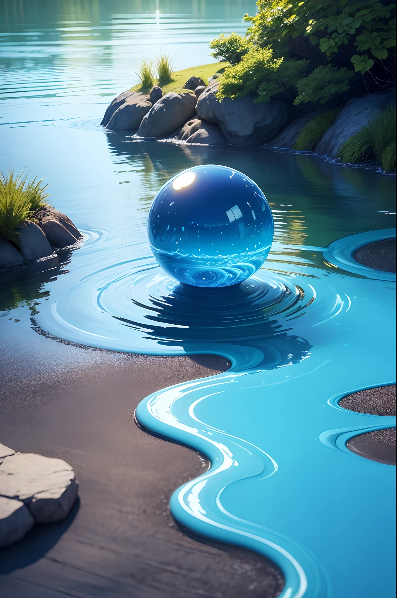slime, blue, liquid, florescent, lake, trees, water ball, despacito