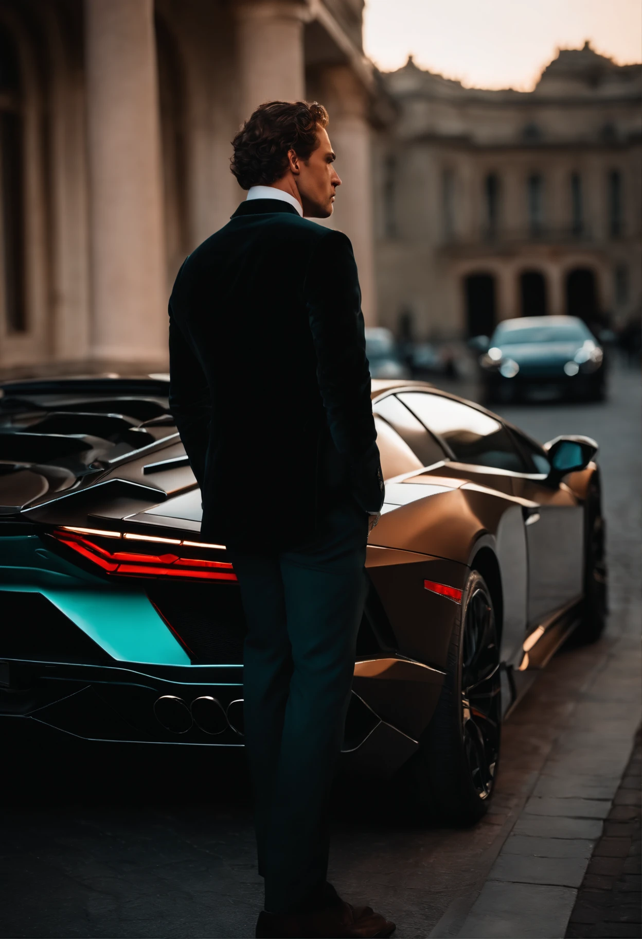 wide-angle photo portrait of a handsome man's back about to get into lamborghini, only see his back, no face, no front, (40 ans:1.1), (shaven:1.2) , (curly short brown hair:1.2),(Cheveux courts:1.3). Dark brown tight velvet suit, (posing backwards outside the mansion with a lamborghini:1.1), crowded street with cafes in the distance, Cold and dark sunset at dusk, (Edge Light:1.1), (hard light on the skin:1.2), (ombres dures, dark themed, Contraste profond:1.1), Dark mint theme and choral aesthetics, (skin imperfections)