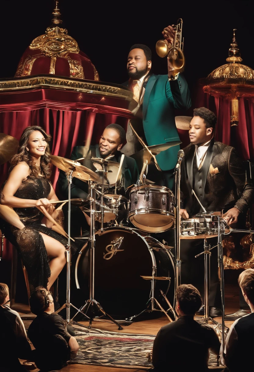 There is one vocalist and two choruses.、2 drums, bass and guitar、Funk band with trumpet, trombone and saxophone