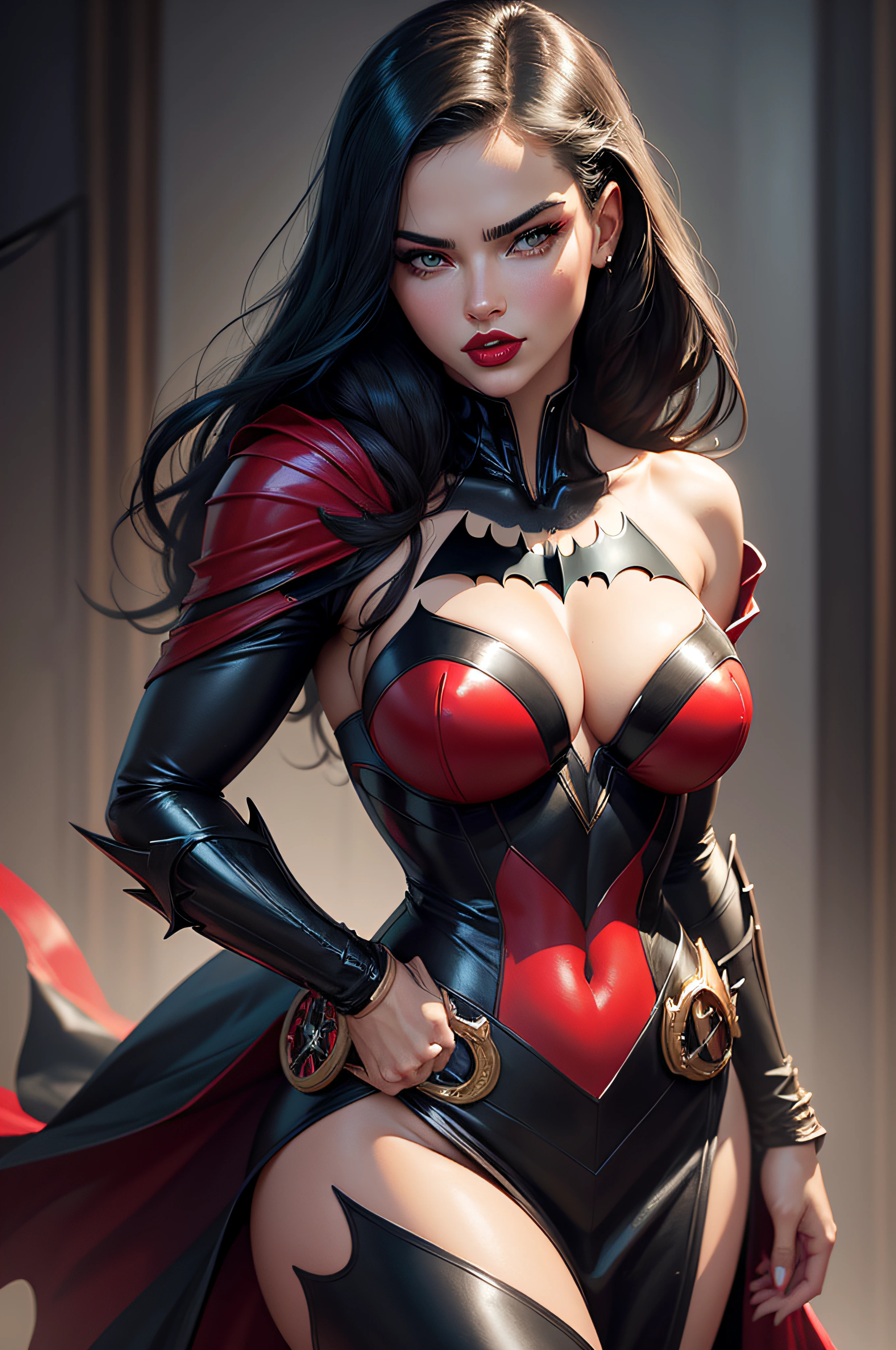 batman statue of a woman (Adriana Lima :1.1) red lips, green eyes in a black and red outfit, artgerm and, ig model | artgerm, in the style artgerm, extremely detailed artgerm, trending artgerm, style artgerm, graphic artist artgerm, artgerm greg rutkowski _ greg, artgerm style