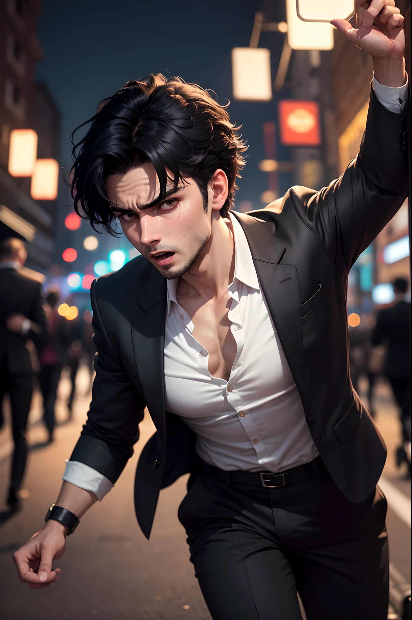 Realistic 8k image of a 25-year-old man, short black hair, wearing a black blazer with a white blouse underneath, expression of terror, running down an empty night street, night scene