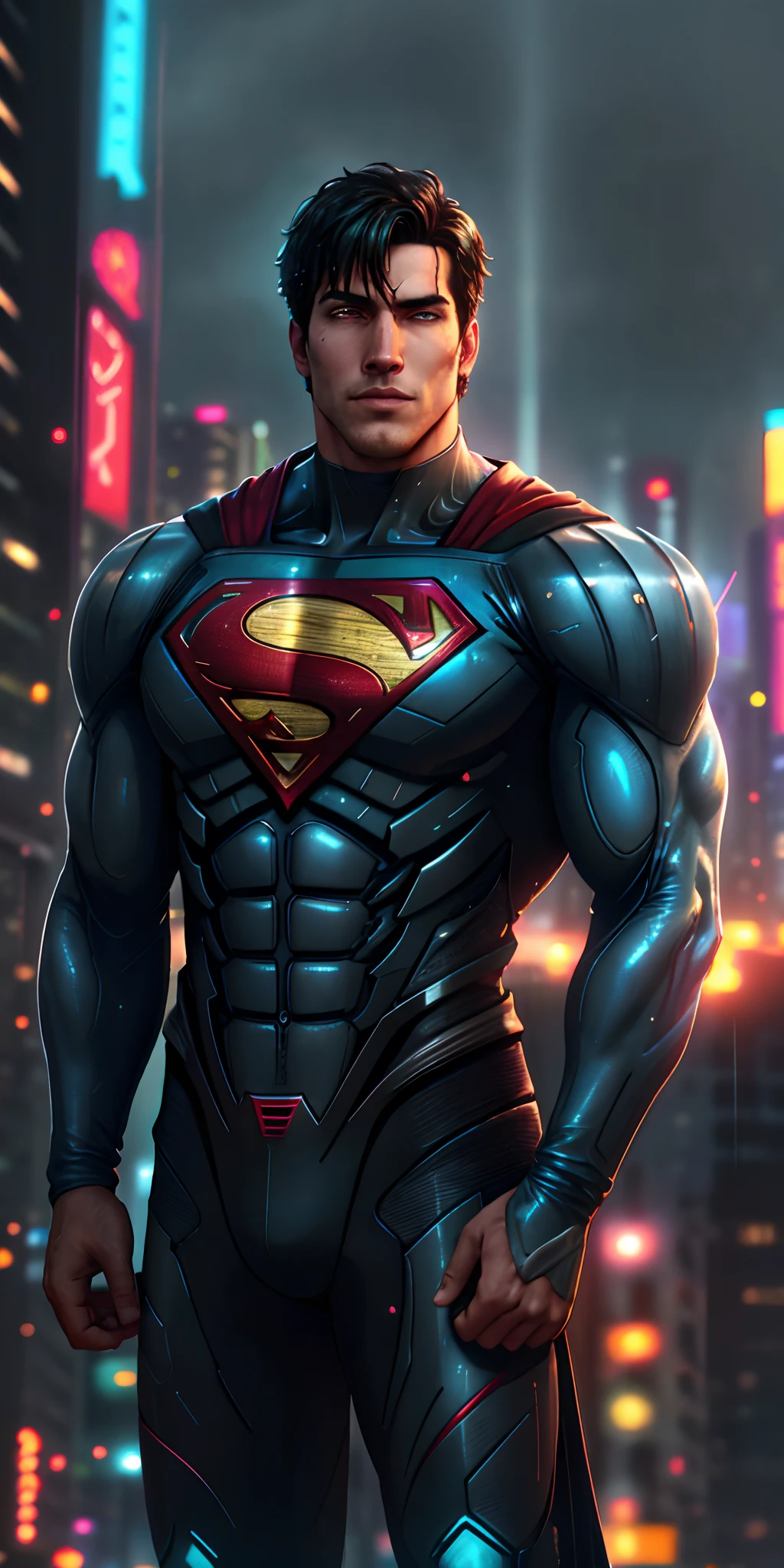 Superman high-tech fica imponente em uma cidade cyberpunk chovendo. Neon highlights your muscles, chuva e cicatrizes. The scenery is lush and mysterious rain, com chuva e arredores. The camera details everything. neon lights, chuva