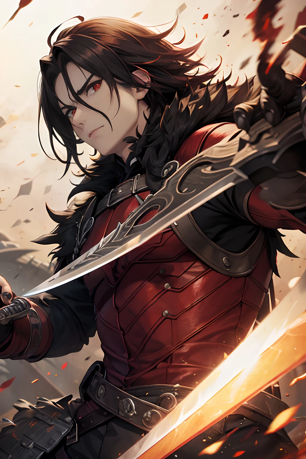 Damaged hair from fire,1 man, Red Eyes, Serious expression, Monster Hunter Style, sword on hand, rowdy, high details