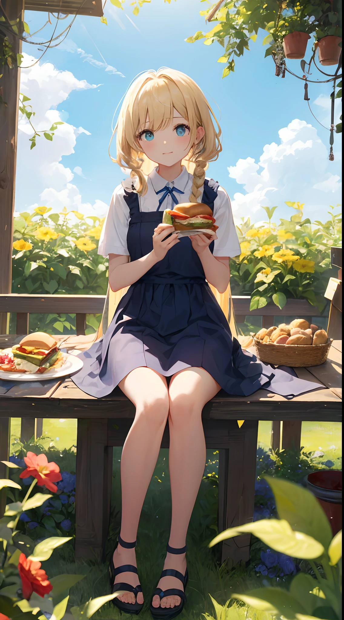 sandwich：Bread with white bread、Ingredients are ham, cheese, lettuce and tomatoes、It is topped with mayonnaise and mustard。The sandwich is cut and、Cross-section is visible。The sandwich is on the plate.、Served with napkins, forks and knives。 girl with：Her hair is blonde and long.、Braided。The face is round and cute。Clothes in white and blue dresses、Has a floral pattern。Shoes in white sandals、Ribbons are attached to the ankles。The girl is sitting、I have a sandwich in my hand.、Eating happily。 scene：There is a beautiful scene floating in the background.、Blue sky, white clouds, green meadow and colorful flowers。The scene is softly painted like a watercolor painting.、It has a dreamy atmosphere。The scene expresses the imagination and sensibility of the girl、Pubic hair shows through、(Beautiful bare pubic hair) ,more_Details:1.5, (More and more_Details:1.9)、