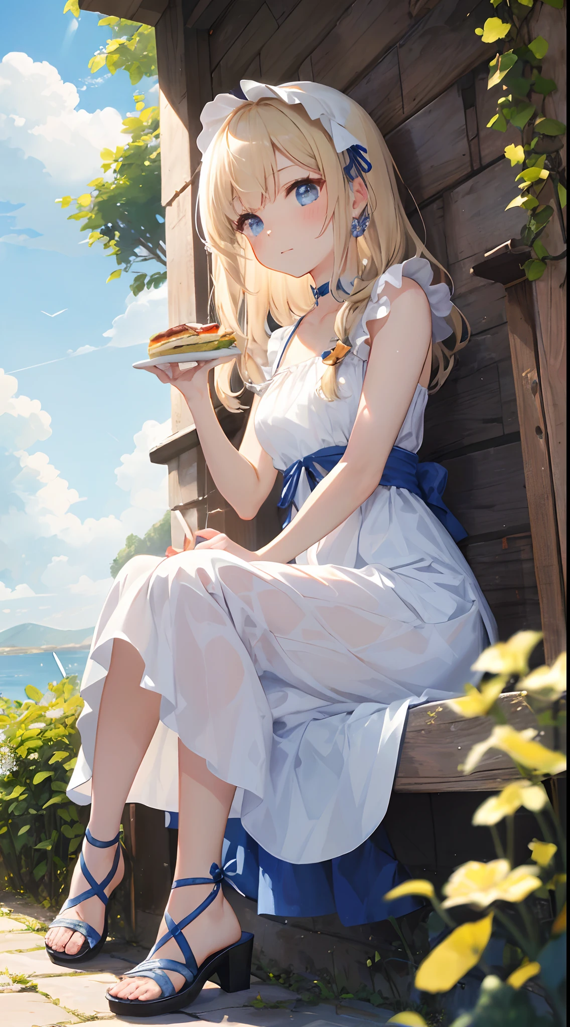 sandwich:Bread with white bread、Ingredients are ham, cheese, lettuce and tomatoes、It is topped with mayonnaise and mustard。The sandwich is cut and、Cross-section is visible。The sandwich is on the plate.、Served with napkins, forks and knives。 girl with:Her hair is blonde and long.、Braided。The face is round and cute。Clothes in white and blue dresses、Has a floral pattern。Shoes in white sandals、Ribbons are attached to the ankles。The girl is sitting、I have a sandwich in my hand.、Eating happily。 scene:There is a beautiful scene floating in the background.、Blue sky, white clouds, green meadow and colorful flowers。The scene is softly painted like a watercolor painting.、It has a dreamy atmosphere。The scene expresses the imagination and sensibility of the girl、Pubic hair shows through、(Beautiful bare pubic hair) ,more_Details:1.5, (More and more_Details:1.9)、