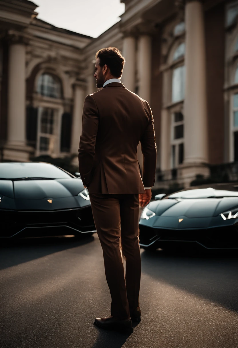 wide-angle photo portrait of a handsome man's back about to get into lamborghini, you do not see his face, you do not see his front, only see his back, no face, no front, (40 ans:1.1), (shaven:1.2) , (curly short brown hair:1.2),(Cheveux courts:1.3). Dark brown tight velvet suit, (posing backwards outside the mansion with a lamborghini:1.1), crowded street with cafes in the distance, Cold and dark sunset at dusk, (Edge Light:1.1), (hard light on the skin:1.2), (ombres dures, dark themed, Contraste profond:1.1), Dark mint theme and choral aesthetics, (skin imperfections)