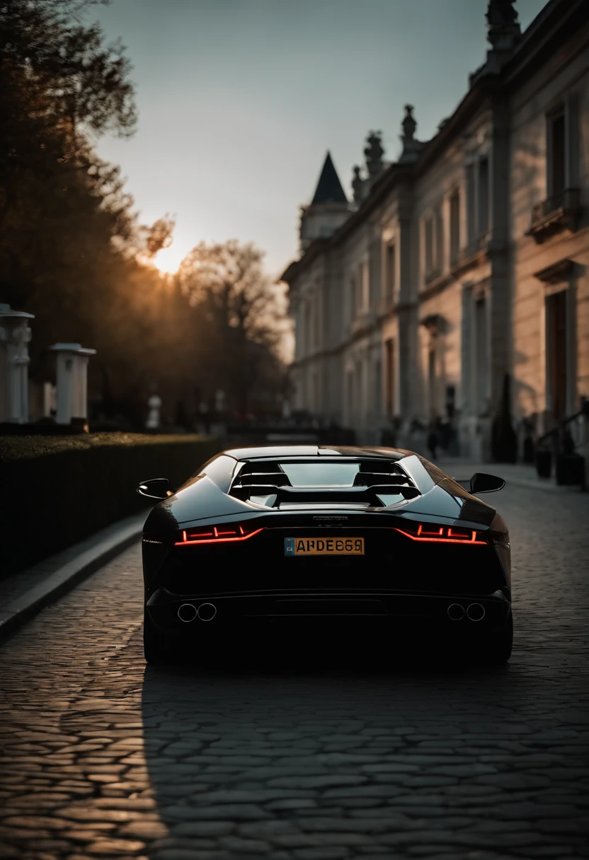 wide-angle photo portrait of a handsome man's back about to get into lamborghini, you do not see his face, you do not see his front, only see his back, no face, no front, (40 ans:1.1), (shaven:1.2) , (curly short brown hair:1.2),(Cheveux courts:1.3). Dark brown tight velvet suit, (posing backwards outside the mansion with a lamborghini:1.1), crowded street with cafes in the distance, Cold and dark sunset at dusk, (Edge Light:1.1), (hard light on the skin:1.2), (ombres dures, dark themed, Contraste profond:1.1), Dark mint theme and choral aesthetics, (skin imperfections)