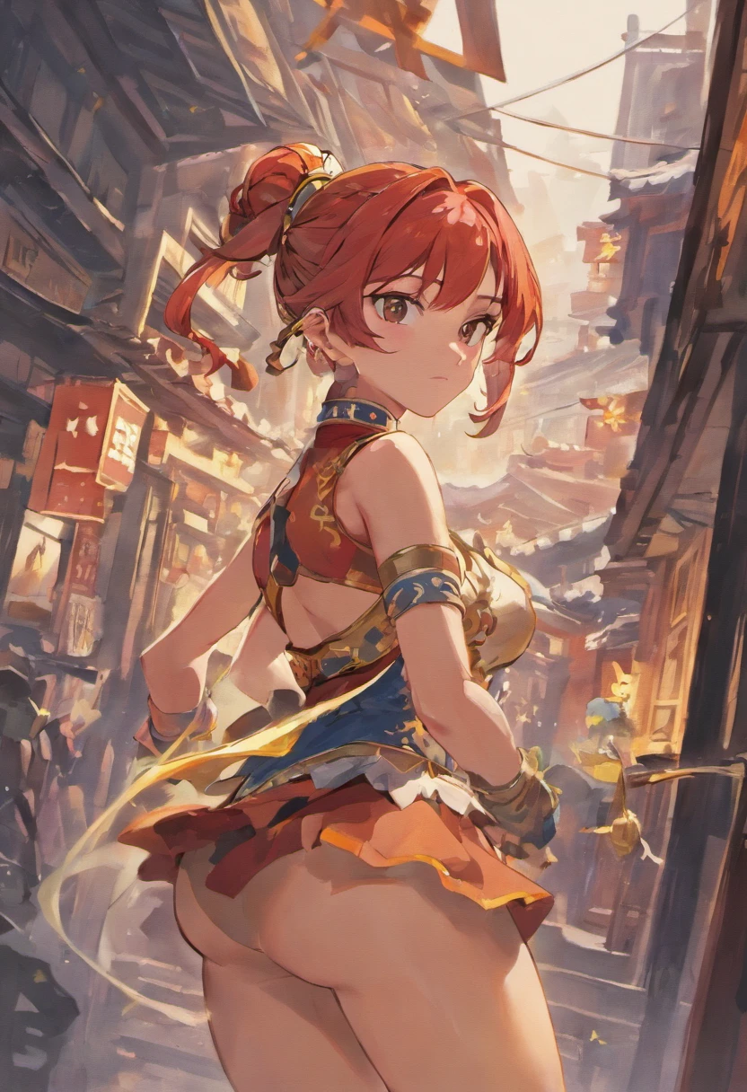 (Mulher Chun-Li-Street Fighter 5 musculosa bonita,Lutadora MMA,a Chinese policewoman who enters the tournament to seek revenge against the criminal organization Shadaloo, que matou seu pai. Suite baseado no game 2023, Realistic scenario of a Chinese temple, ambiente vibrante, soft-lighting,