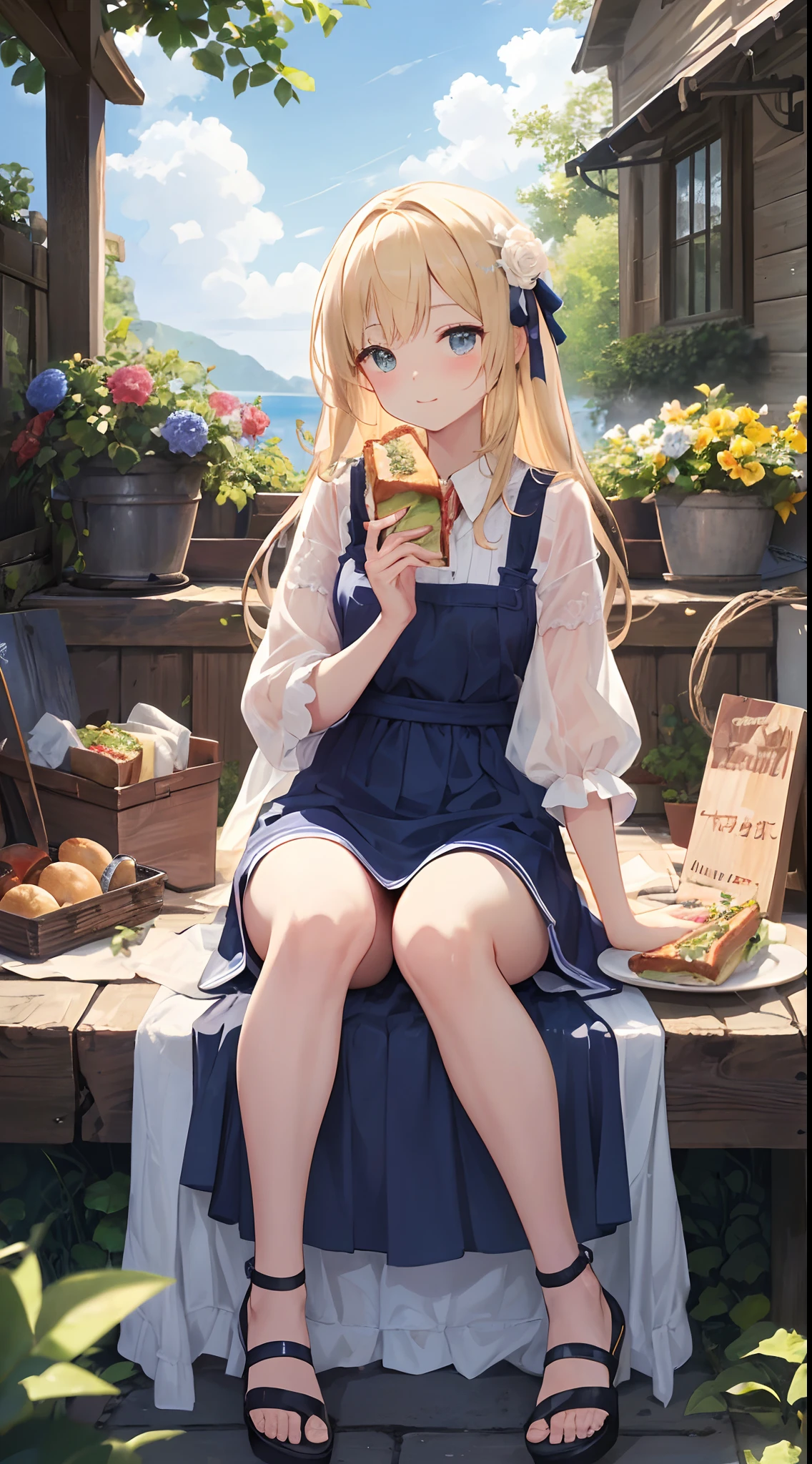 sandwich：Bread with white bread、Ingredients are ham, cheese, lettuce and tomatoes、It is topped with mayonnaise and mustard。The sandwich is cut and、Cross-section is visible。The sandwich is on the plate.、Served with napkins, forks and knives。 girl with：Her hair is blonde and long.、Braided。The face is round and cute。Clothes in white and blue dresses、Has a floral pattern。Shoes in white sandals、Ribbons are attached to the ankles。The girl is sitting、I have a sandwich in my hand.、Eating happily。 scene：There is a beautiful scene floating in the background.、Blue sky, white clouds, green meadow and colorful flowers。The scene is softly painted like a watercolor painting.、It has a dreamy atmosphere。The scene expresses the imagination and sensibility of the girl、Pubic hair shows through、(Beautiful bare pubic hair) ,more_Details:1.5, (More and more_Details:1.9)、