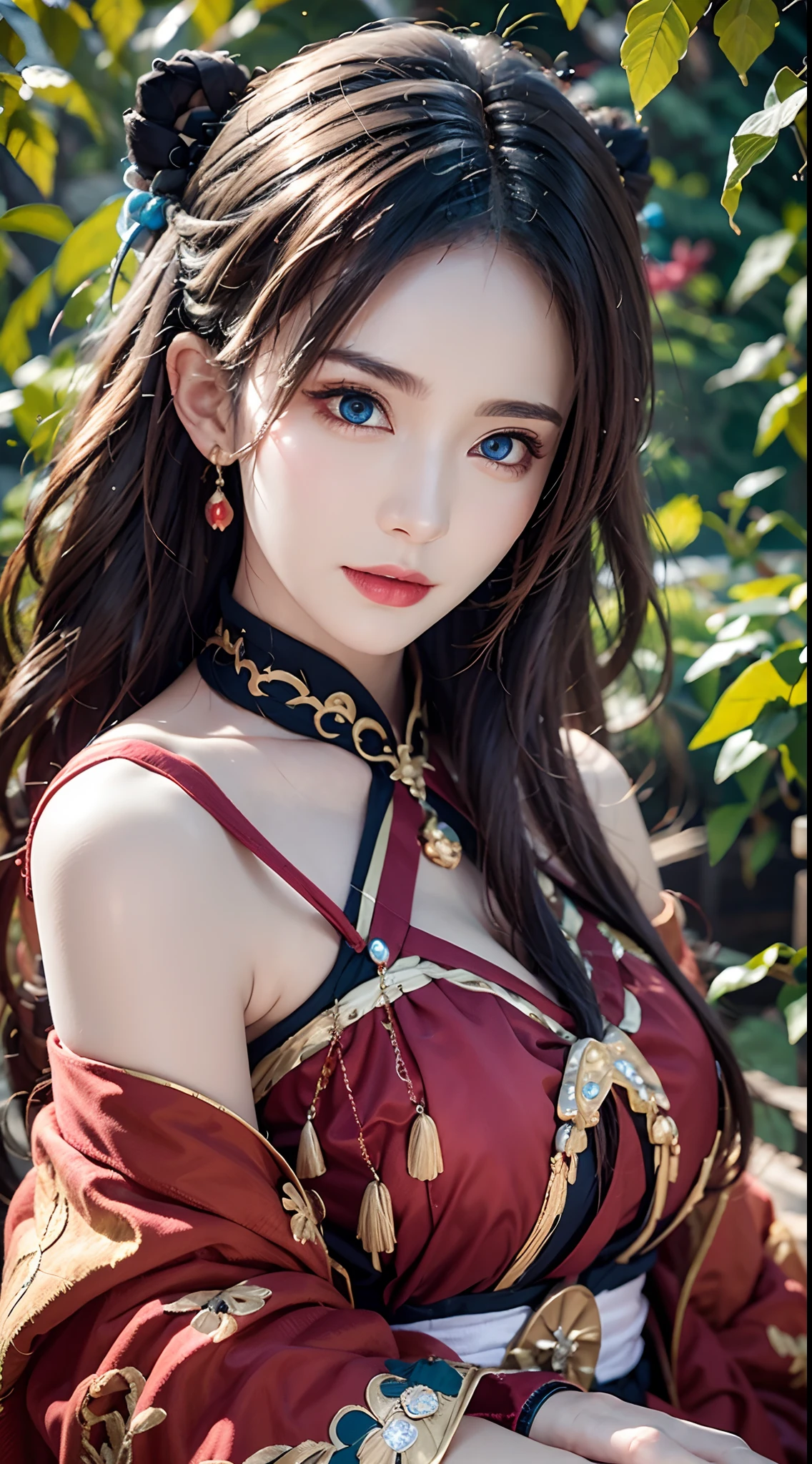 Close-up of a woman in a red dress and gold jewelry, a beautiful fantasy empress, Anime goddess, gorgeous chinese models, ((a beautiful fantasy empress)), Inspired by Queen Medusa, Inspired by breaking the sky, Beautiful goddess, extremely detailed goddess shot, beautiful and seductive anime woman