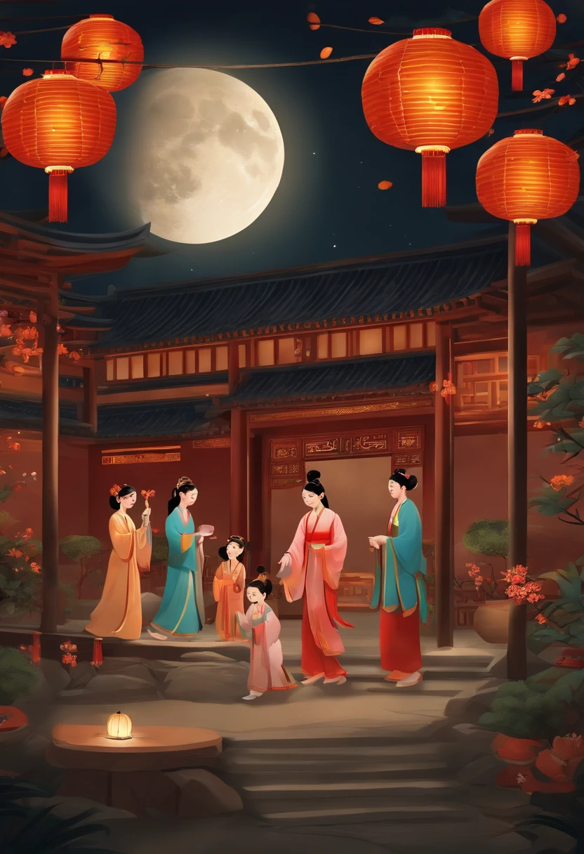 A detailed illustration of the Mid-Autumn Festival in Chinese style. The artwork showcases the best quality and is a masterpiece with a high resolution of 8K. The focus is on the highly detailed depiction of the Mid-Autumn Festival atmosphere, featuring the reunion of loved ones and the celebration of the festival. The main subject of the artwork is a group of people gathered under the moonlight, enjoying the festive atmosphere and sharing mooncakes. The moon is depicted as a prominent element, radiating a gentle glow and casting a soft light on the scene. The characters are dressed in traditional Chinese attire, such as Hanfu, and are engaged in various activities, such as playing traditional games, lighting lanterns, and admiring the moon. The colors used in the artwork are vibrant and rich, capturing the essence of the festival. The overall lighting is warm and inviting, creating a cozy and joyful ambiance.
