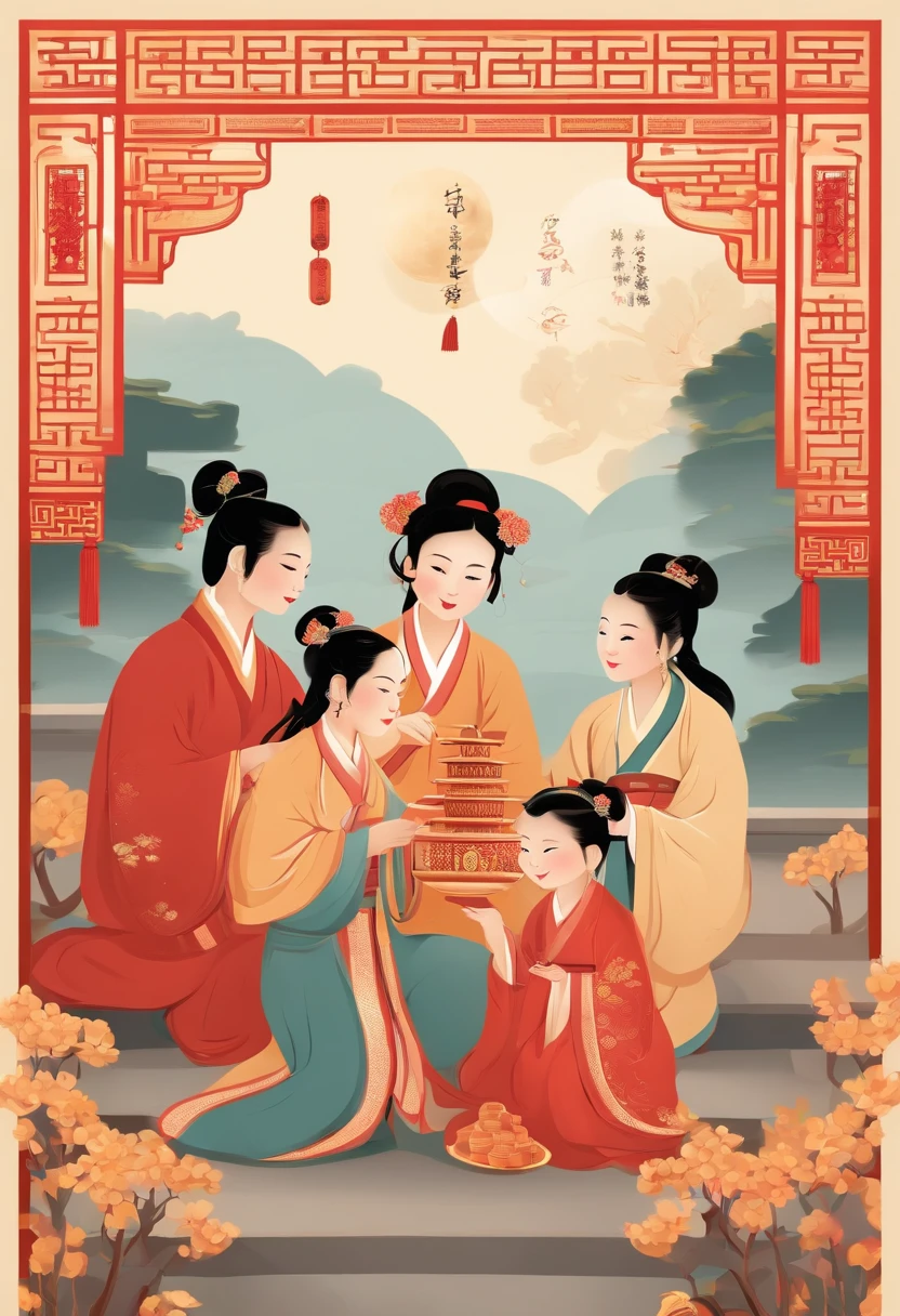 A detailed illustration of the Mid-Autumn Festival in Chinese style. The artwork showcases the best quality and is a masterpiece with a high resolution of 8K. The focus is on the highly detailed depiction of the Mid-Autumn Festival atmosphere, featuring the reunion of loved ones and the celebration of the festival. The main subject of the artwork is a group of people gathered under the moonlight, enjoying the festive atmosphere and sharing mooncakes. The moon is depicted as a prominent element, radiating a gentle glow and casting a soft light on the scene. The characters are dressed in traditional Chinese attire, such as Hanfu, and are engaged in various activities, such as playing traditional games, lighting lanterns, and admiring the moon. The colors used in the artwork are vibrant and rich, capturing the essence of the festival. The overall lighting is warm and inviting, creating a cozy and joyful ambiance.