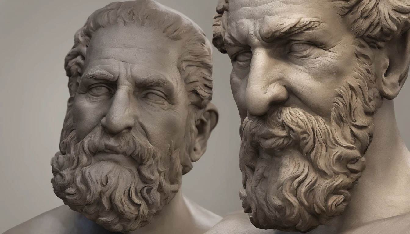 Statue of Greek philosophy with beard and muscles, Marcus Aurelius,cinemactic, 8k, fundo escuro, Detailed symmetrical realistic face, textura natural extremamente detalhada, peach fluff, short hair, master part, Absurdo, foto premiada por lee jeffries, Nikon Film Stock D850 Fotografia, kodak portra 400 camera f1.6 lentes, extremamente detalhado, Amazing, detalhes finos, cores ricas, textura hiper realista, dramatic lighting, UnrealEngine, trending on ArtStation, cinestill 800 tungsten, Olhando para o Viewer, Realistic photo, Foto RAW , TanvirTamim, alta qualidade, high resolution, foco nítido, extremamente detalhado, Cinematic lighting, 8k UHD,