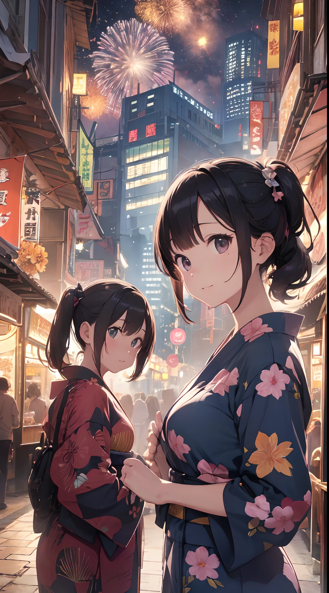 Quality improvement、hightquality、１６Ｋwall-paper、Masterpiece、Meticulous portrayal、Detailed down to the smallest detail、intricate detailes、Backgrounds with depth、Three-dimensional background、Official Art、Best Illustration Award Winner、Effect with people standing out、The best rendition、人物：Two women and one man in yukata、Smiling and walking together、Women in colorful yukata with floral patterns and polka dots、Men wear dark blue yukata、There are also small items such as hair ornaments and lanterns Background：Fireworks are set off in the night sky、A lively summer festival with food stalls and lanterns、You can feel the atmosphere of crowds and festivals Impact：The color and shape of the fireworks are different々Eye-catching with、The facial expressions and poses of the people are fun and empathetic.、The details of the stalls and lanterns are detailed and realistic.、Beautiful contrast between light and shadow