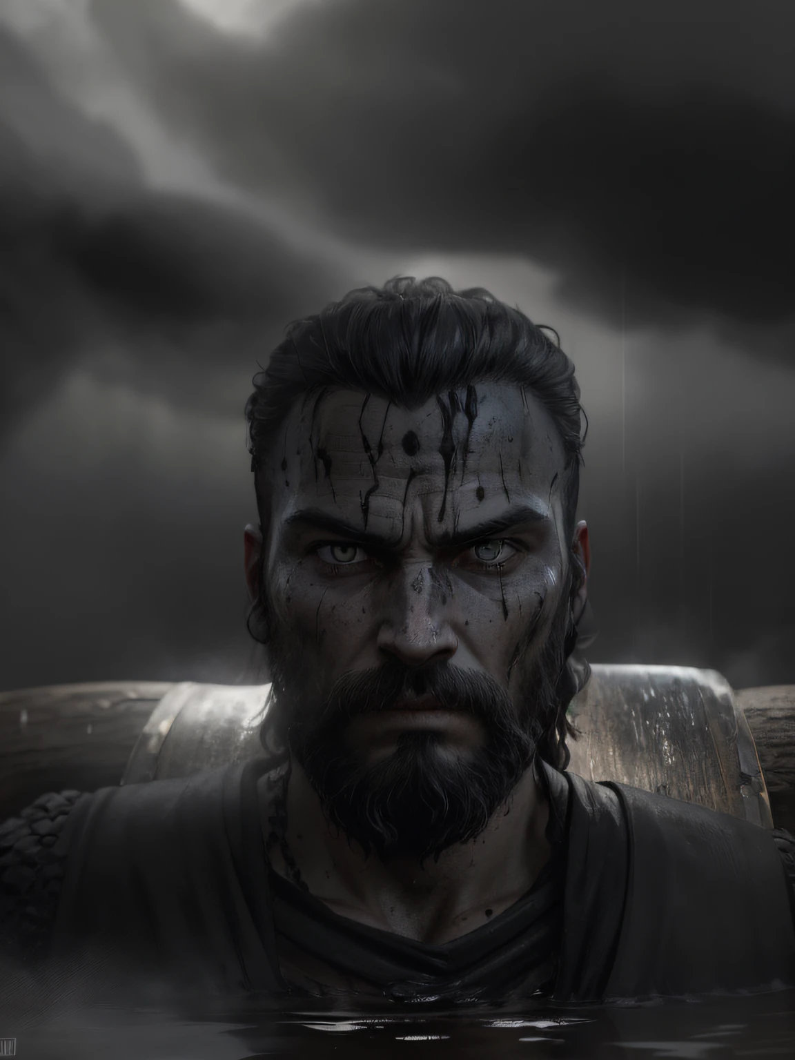 Close-up of Viking King emerging from wet black mud :: Dark metal helmet with two large black horns on the sides of the helmet :: dark warpaint :: scruffy black beard :: angry expression :: scar on face :: Viking Axe :: cinematic lighting, volumetric rays, moody, wet, dripping mud