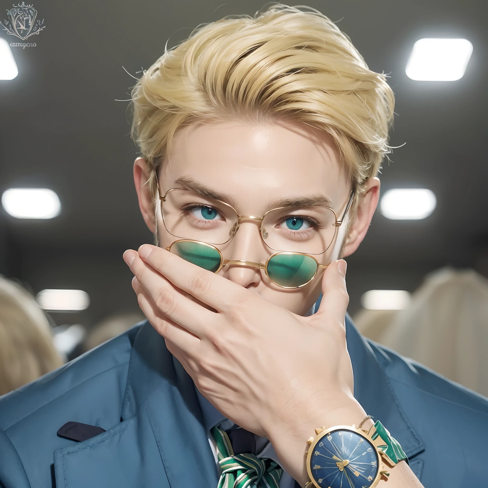 Real life adaption of this character, handsome european face,wearing green glasses,realistic outfit Blue suit with tie,detailed eyes,very realistic Messy blonde same hair,realistic background,hyper realistic,realism,realistic light, realistic shadow,(photorealistic:1.2), looking to viewer