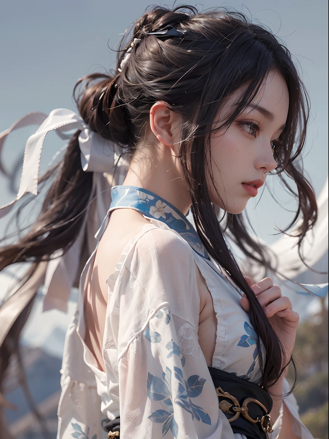 nsfw, 1girl, nude, (masterpiece: 1.4), (8K, realistic, raw photo, best quality: 1.4), skirtlift, standing on mountain top, nipple areola shape clear, beautiful breasts, Chinese girl, beautiful cute face, (real face: 1.4), perfect pussy, beautiful hairstyle, realistic brown eyes, beautiful detail eyes, (real skin: 1.3), beautiful skin, attractive, ultra high resolution, ultra realistic, cinematic lighting, black colored hair, long hair, twin ponytails, white ribbons, ancient China, Chinese mythology, dragon