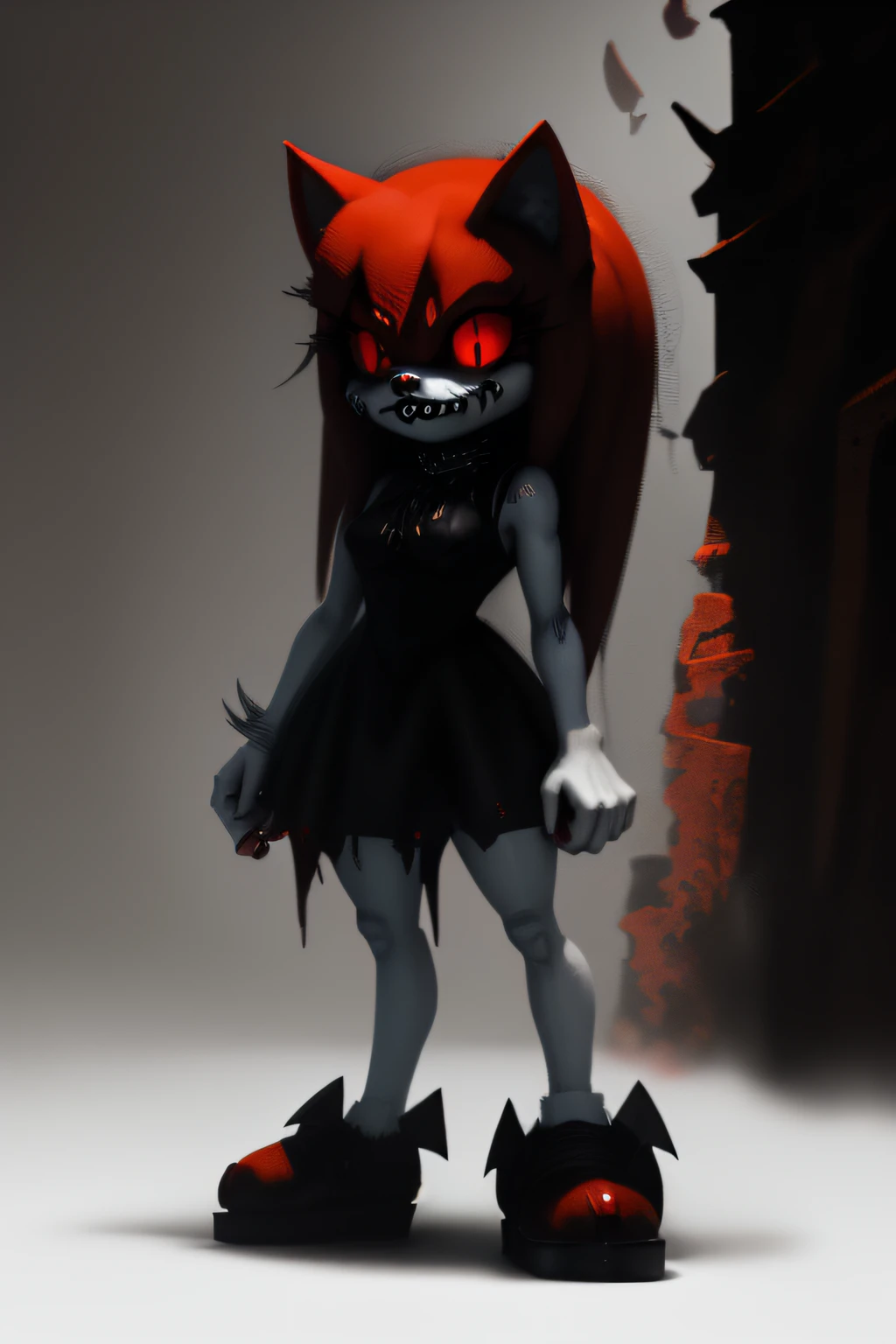 A hauntingly beautiful rendition of Amy Rose in the style of Sonic.exe, with a twisted smile, blood-red eyes, and jagged teeth. The artwork should capture her eerie presence, surrounded by a distorted and nightmarish landscape. The colors should be desaturated, with hints of dark red and black. The lighting should be dim, casting eerie shadows that enhance the sinister atmosphere. The artwork should be highly detailed, showcasing the dark side of Amy Rose's character., full body