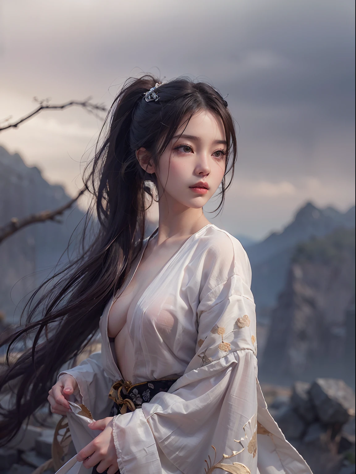 nsfw, 1girl, nude, (masterpiece: 1.4), (8K, realistic, raw photo, best quality: 1.4), skirtlift, standing on mountain top, nipple areola shape clear, perfect breasts, Chinese girl, beautiful cute face, (real face: 1.4), perfect pussy, beautiful hairstyle, realistic brown eyes, beautiful detail eyes, (real skin: 1.3), beautiful skin, attractive, ultra high resolution, ultra realistic, cinematic lighting, black colored hair, long hair, twin ponytails, white ribbons, ancient China, Chinese mythology, dragon