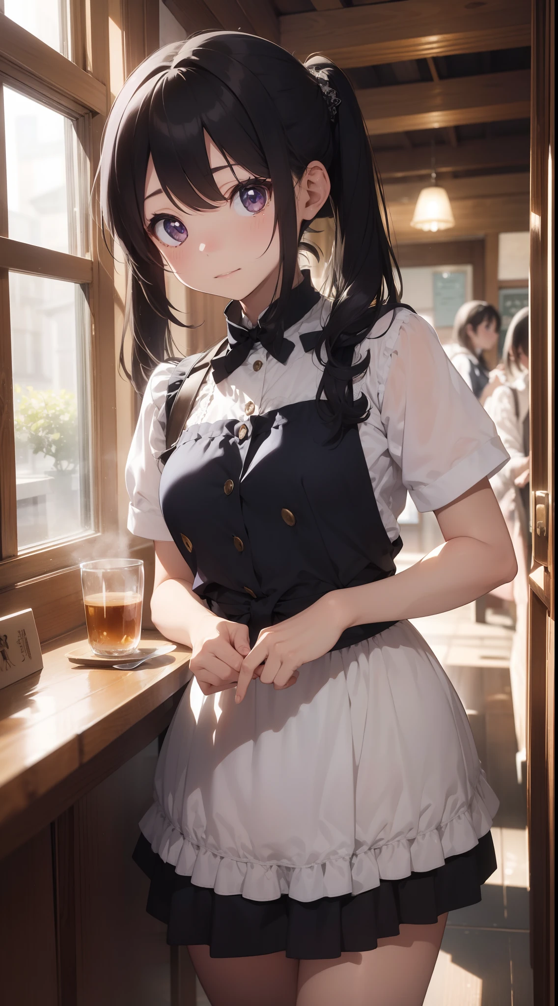 「In the middle of a bustling city、There is a quaint little café that looks like straight out of a fairy tale。Its name is also「Maiden Enchantment」。It is famous for its unique theme of maid cafes.。Chandeliers suspended from the ceiling、Luxurious velvet chair、walls decorated with intricate wallpaper, etc.、Victorian elegance blends modern chic。 In the middle of this enchanting environment is、This is Yuki, the main character.。『Maiden Enchantment』Although the maid of、More than just a maid。Jet-black hair tied into twin tails、Pure white apron over navy blue dress、knee high socks、And she in polished black shoes、Embodies the perfect blend of elegance and charm。Her deep purple eyes are、Always shines with mischievous spirit and curiosity。 Yuki is not known only for her impeccable appearance。She is the heart and soul of the café。In a melodious voice like a nightingale、She often serenades classic ballads and modern hits to clients.、Make your customers' experience truly magical。She also、All customers' favorite dishes and、I also have a talent for remembering my taste in coffee and tea。 however、What really sets Yuki apart is、It's her uncanny ability to know what someone needs。Be a kind word、Be attentive、Or even perfectly brewed tea.、She always knows how to make someone's day better。 The sun goes down、When the fairy lights in the café begin to shine、You can see Yuki writing her thoughts in a diary in her favorite place by the window。Some say that this is a collection of stories from her café, others、Some believe it is a story of her own dreams and aspirations。 The overall image is、A fusion of everyday café life with a little magic and wonder、It should capture the essence of Yuki's world。From the lace on Yuki's apron to the steam rising from her teacup、Every detail is carefully expressed.、Beholder『Maiden enchantment』It has become a masterpiece that will take you straight into the world of。」