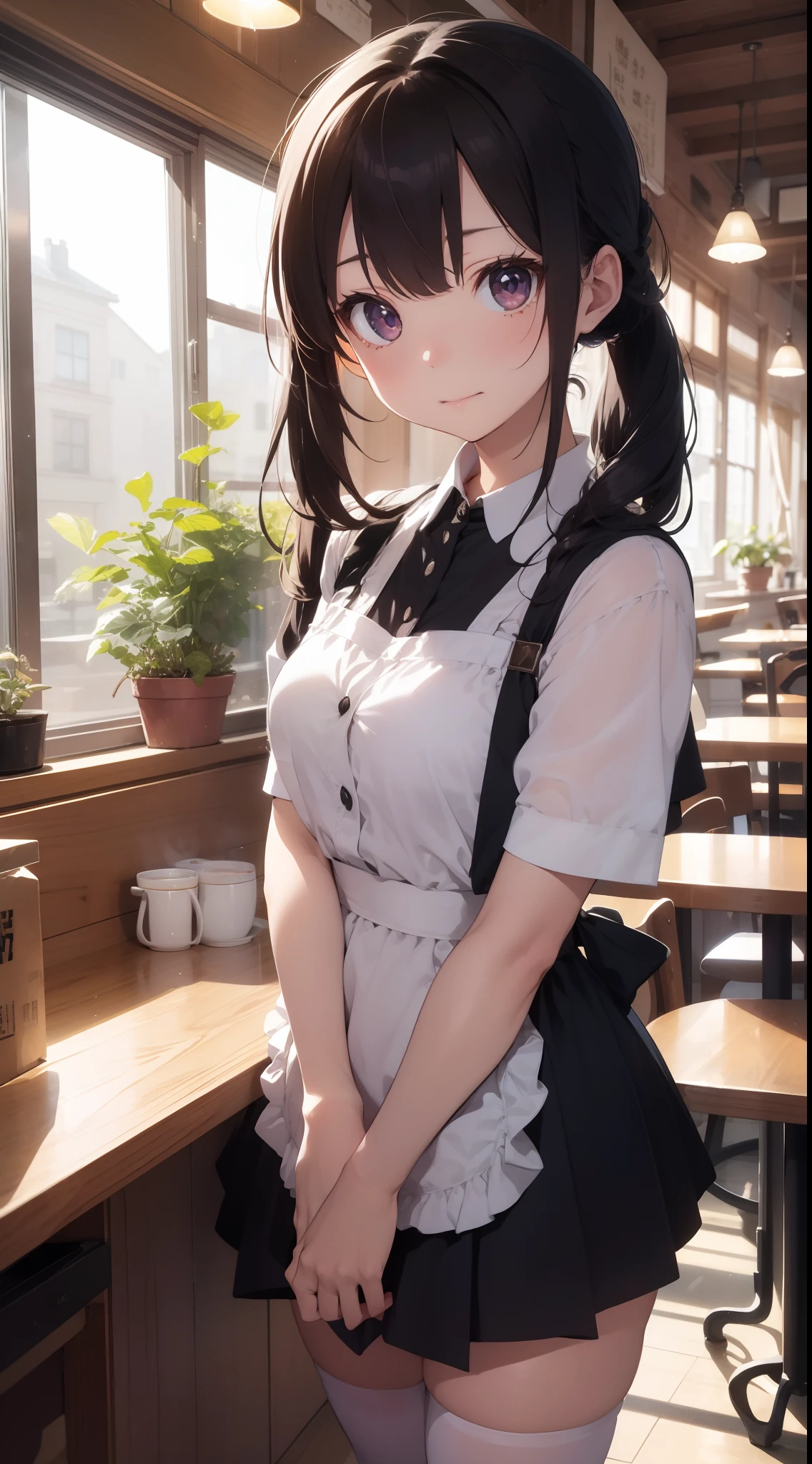 「In the middle of a bustling city、There is a quaint little café that looks like straight out of a fairy tale。Its name is also「Maiden Enchantment」。It is famous for its unique theme of maid cafes.。Chandeliers suspended from the ceiling、Luxurious velvet chair、walls decorated with intricate wallpaper, etc.、Victorian elegance blends modern chic。 In the middle of this enchanting environment is、This is Yuki, the main character.。『Maiden Enchantment』Although the maid of、More than just a maid。Jet-black hair tied into twin tails、Pure white apron over navy blue dress、knee high socks、And she in polished black shoes、Embodies the perfect blend of elegance and charm。Her deep purple eyes are、Always shines with mischievous spirit and curiosity。 Yuki is not known only for her impeccable appearance。She is the heart and soul of the café。In a melodious voice like a nightingale、She often serenades classic ballads and modern hits to clients.、Make your customers' experience truly magical。She also、All customers' favorite dishes and、I also have a talent for remembering my taste in coffee and tea。 however、What really sets Yuki apart is、It's her uncanny ability to know what someone needs。Be a kind word、Be attentive、Or even perfectly brewed tea.、She always knows how to make someone's day better。 The sun goes down、When the fairy lights in the café begin to shine、You can see Yuki writing her thoughts in a diary in her favorite place by the window。Some say that this is a collection of stories from her café, others、Some believe it is a story of her own dreams and aspirations。 The overall image is、A fusion of everyday café life with a little magic and wonder、It should capture the essence of Yuki's world。From the lace on Yuki's apron to the steam rising from her teacup、Every detail is carefully expressed.、Beholder『Maiden enchantment』It has become a masterpiece that will take you straight into the world of。」