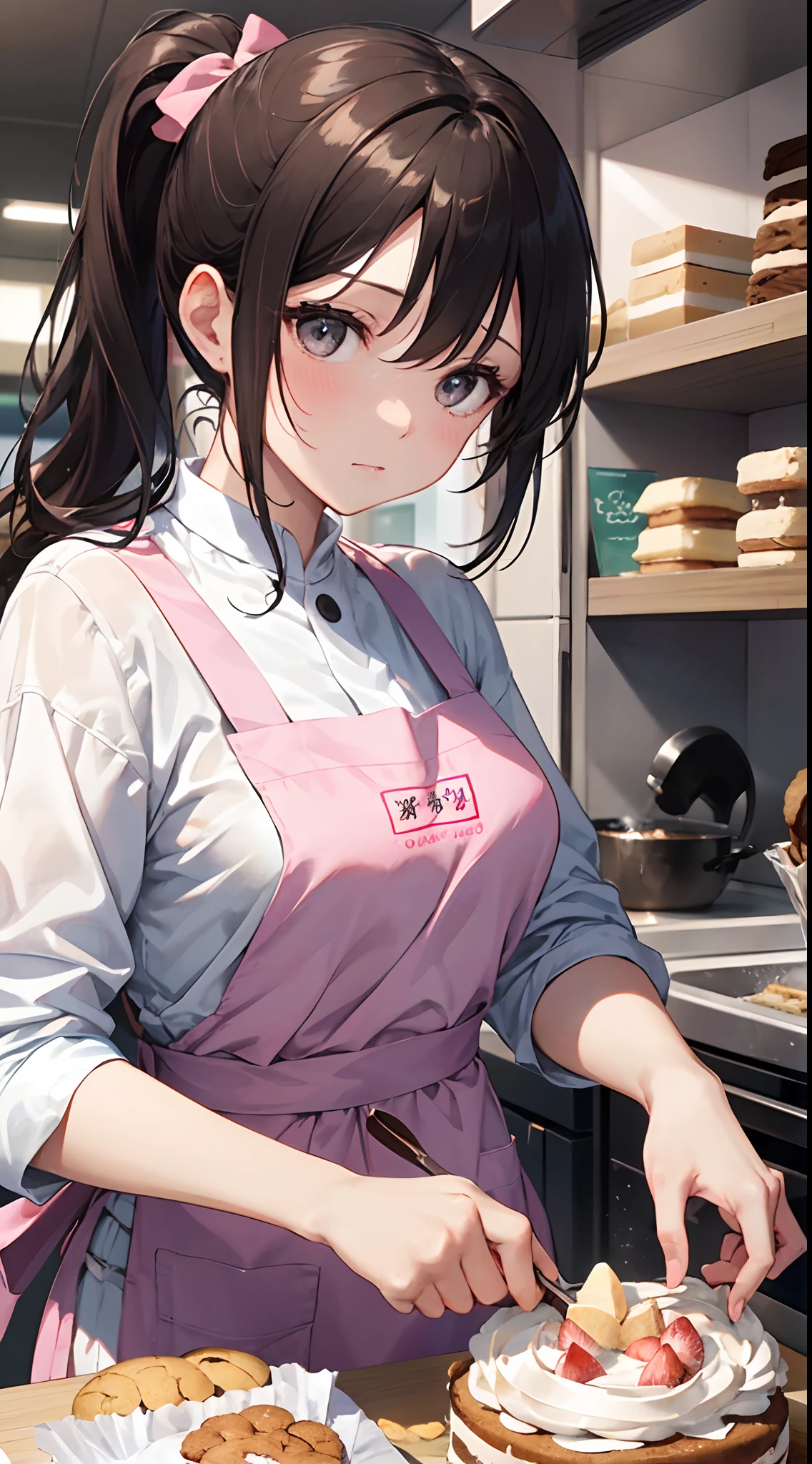 Girl with dream of becoming a pastry chef。She wears a pink apron and a white shirt.、Her hair is in a brown ponytail。Although she is making cakes and cookies in the kitchen、Very skillful and amazingly skillful。She kneaded the dough or、Put it in a mold、It depicts how to decorate、Her face is a mixture of seriousness and fun。In the background, there are showcases and registers with her works.、Make you feel the atmosphere of the store。She's working hard to achieve her dream.、Makes you want to support those who are watching