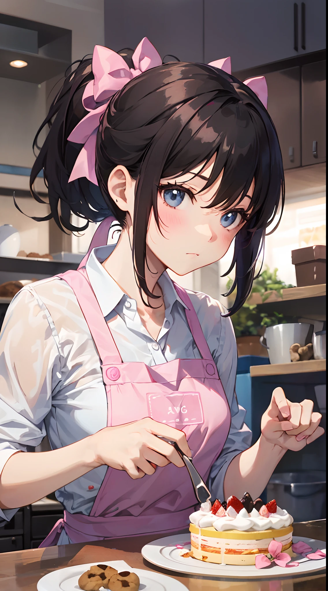 Girl with dream of becoming a pastry chef。She wears a pink apron and a white shirt.、Her hair is in a brown ponytail。Although she is making cakes and cookies in the kitchen、Very skillful and amazingly skillful。She kneaded the dough or、Put it in a mold、It depicts how to decorate、Her face is a mixture of seriousness and fun。In the background, there are showcases and registers with her works.、Make you feel the atmosphere of the store。She's working hard to achieve her dream.、Makes you want to support those who are watching