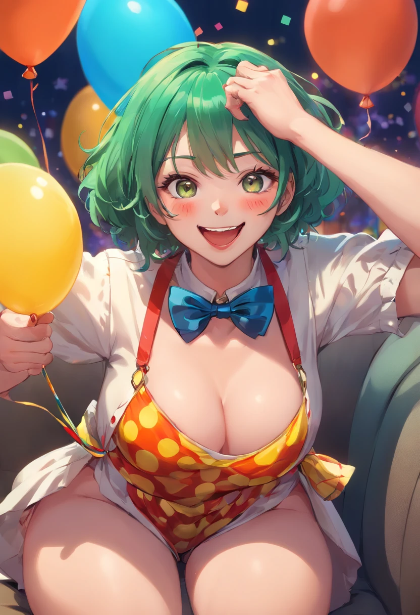 left lateral bottom angle near the groin, Ultra realista detalhado melhor qualidade, QCrie, A concept art of a male clown, Chubby Roll, carrying huge morbid thighs, rechonchudo, coxas extremamente grossas;, He holds some colorful balloons, He wears clown shoes, clown tie, Clown necklace, The most beautiful clown in the world, he's laughing, laughing expression of much happiness, (deslizamento da genital Masculino glande peniana)), ((transbordamento da genital Masculino glande peniana detalhada)), Contorno da genital na roupa, Glande real, ((deslizamento da genital Masculino glande peniana realista, detalhada, real, Price Range ART pop. POP ART Configuration, (master part), best quality, (extremamente detalhado CG unidade 64k papel de parede), ultra-high resolution, ultra-high definition, maximalista, UHD 64k, alto, intrincado, detalhes intrincados, altamente detalhado, finamente detalhado, ultra-detalhado, qualidade de textura ultra-alta, texturas detalhadas, Detalhe de pixel ultra-alto, (ultra-realistic:1.3), FOTO OFICIAL, HDR, DSLR, fotografia, fotografia de pessoas, profissionalmente colorido, Fujifilm XT3, Foto RAW, imagens descompactadas, profundidade de campo rasa, profundidade de cor completa, foco nítido, Amazing BREAK, gorgeous, Branco, Cena emocionante, linhas, fora, noite, Sitting on the elegant and colorful sofa, virilhas expostas, Coxas abertas, gesturing with your hands, He has a long, huge clown colored tie , He has colorful clown hat, he has clown collar, ele tem luvas brancas,