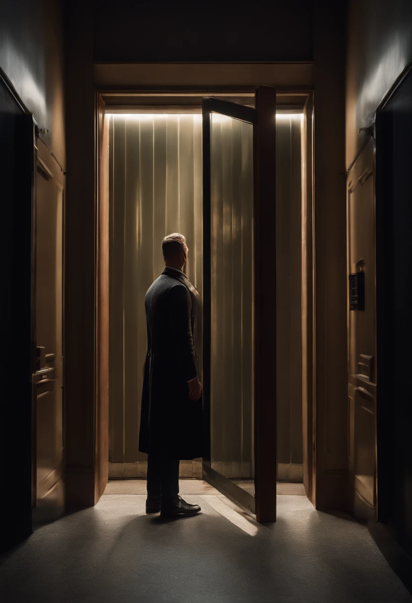 Capture the image of a man entering a half-open door " You don't have to show the man's face, only his back; " o ambiente tem que ser moderno , misterioso e futuristico. dentro da porta a codigos de dados passando tipo matrix .
