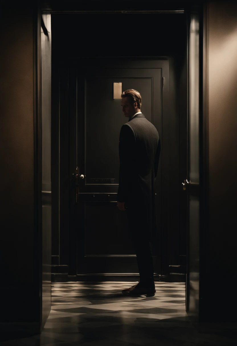 Capture the image of a man entering a half-open door " You don't have to show the man's face, only his back; " o ambiente tem que ser moderno , misterioso e futuristico. dentro da porta a codigos de dados passando tipo matrix .