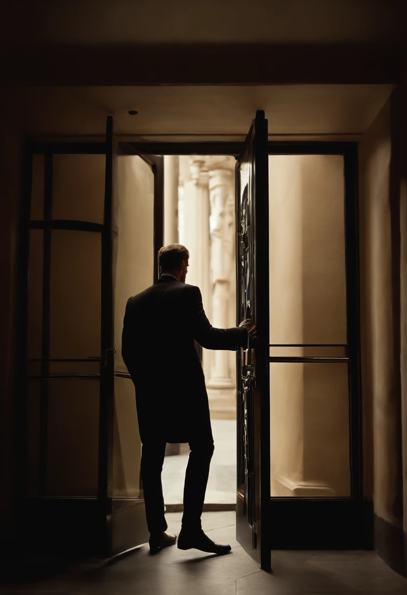 Capture the image of a man entering a half-open door " You don't have to show the man's face, only his back; " o ambiente tem que ser moderno , misterioso e futuristico. dentro da porta a codigos de dados passando tipo matrix .