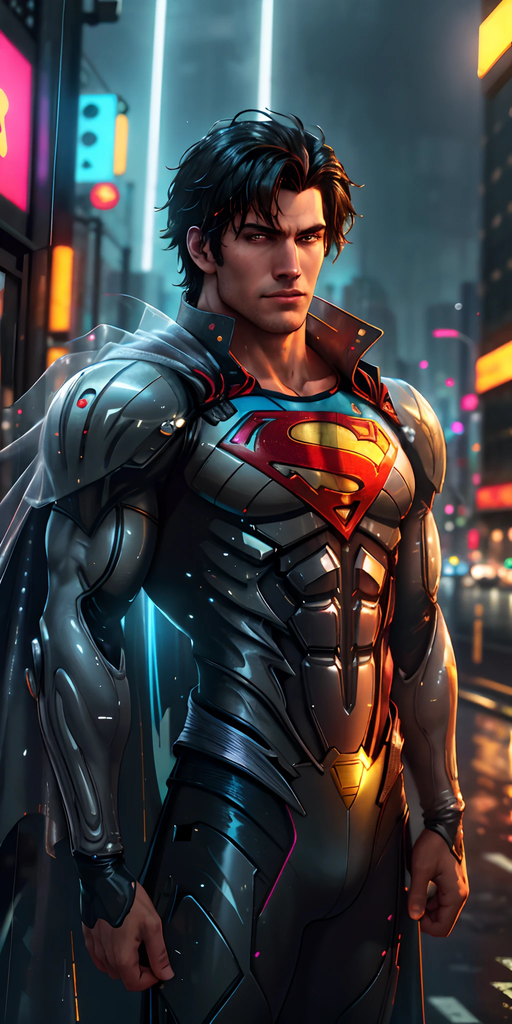 Superman high-tech fica imponente em uma cidade cyberpunk chovendo. Neon highlights your muscles, Chuva e cicatrizes. The scenery is lush and mysterious rain, com Chuva e arredores. The camera details everything. neon lights, Chuva