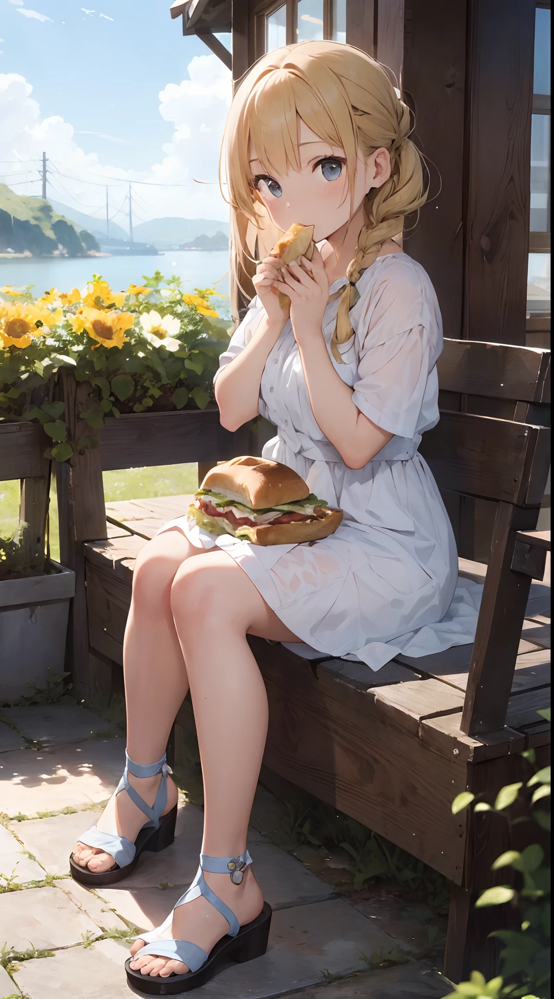 sandwich:Bread with white bread、Ingredients are ham, cheese, lettuce and tomatoes、It is topped with mayonnaise and mustard。The sandwich is cut and、Cross-section is visible。The sandwich is on the plate.、Served with napkins, forks and knives。 girl with:Her hair is blonde and long.、Braided。The face is round and cute。Clothes in white and blue dresses、Has a floral pattern。Shoes in white sandals、Ribbons are attached to the ankles。The girl is sitting、I have a sandwich in my hand.、Eating happily。 scene:There is a beautiful scene floating in the background.、Blue sky, white clouds, green meadow and colorful flowers。The scene is softly painted like a watercolor painting.、It has a dreamy atmosphere。The scene expresses the imagination and sensibility of the girl、Pubic hair shows through、(Beautiful bare pubic hair) ,more_Details:1.5, (More and more_Details:1.9)、