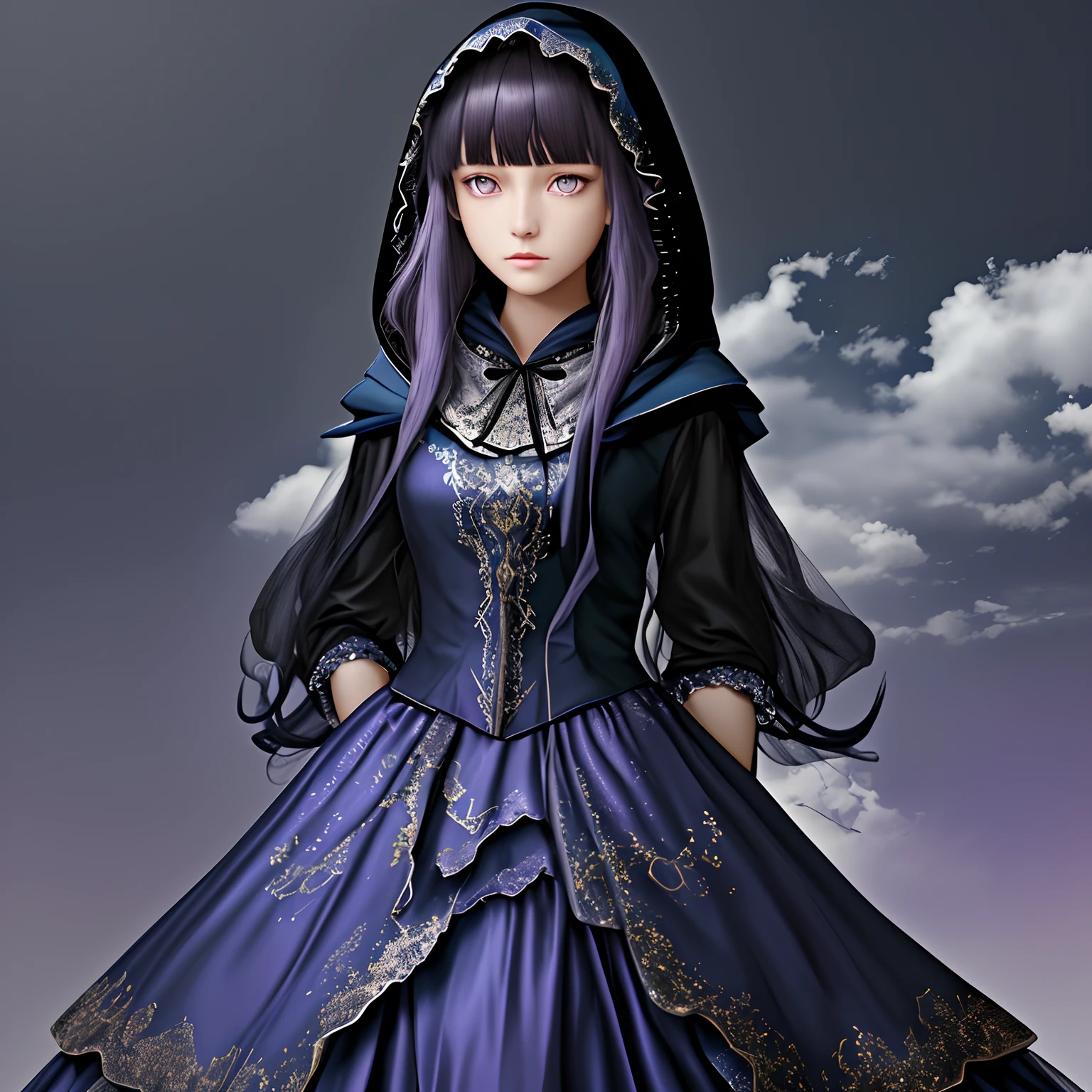 （A high resolution，ultra - detailed）， offcial art, Unity 8k壁纸, Ultra-detailed, Beautiful and aesthetically pleasing, tmasterpiece, best qualityer,long  skirt，Slim and slim girl，Wear a tulle dress with shimmering broken diamonds，With a hood，Hood head，The material of the clothes is very light，Gaia style，The clothes are wrapped in an auspicious cloud pattern,Blunt Bangs, purple eyes, long wavy dark blue hair