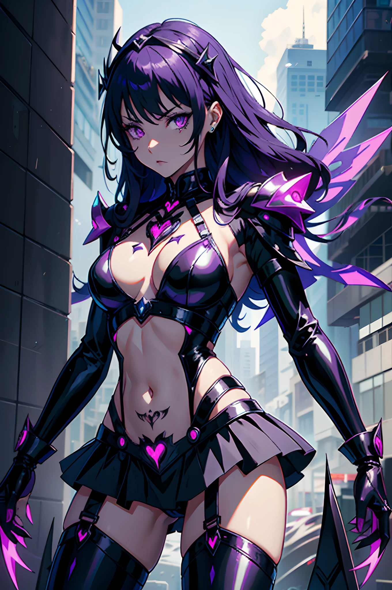 Evil magical girl in revealing costume standing alone. Her outfit consists of latex fabric and transparent tights. She wears sharp black bikini armor. Sharp-angled hair ornament on her head. Sharp claws on her fingertips. Heart tattoo around her navel. Purple eyes shining with light. Futuristic machine in the background