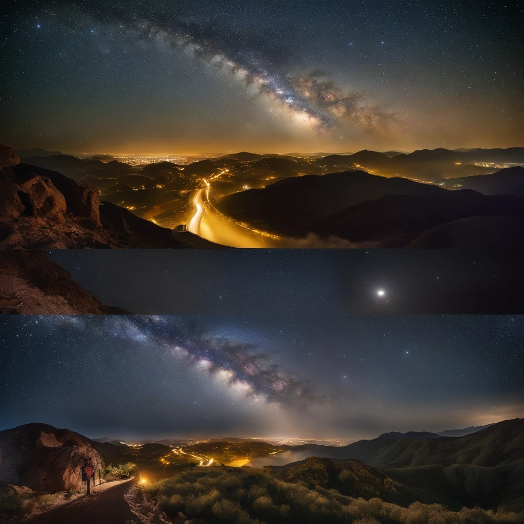 Master Parts、Superior Quality、superior image quality、The 8k quality、、Beautiful pictures of the starry sky、magnifica、Arched Milky Way:1.9、Golden City Night View:1.9