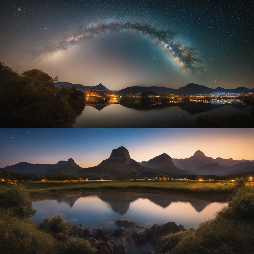 Master Parts、Superior Quality、superior image quality、The 8k quality、、Beautiful pictures of the starry sky、magnifica、Arched Milky Way:1.9、Golden City Night View:1.9