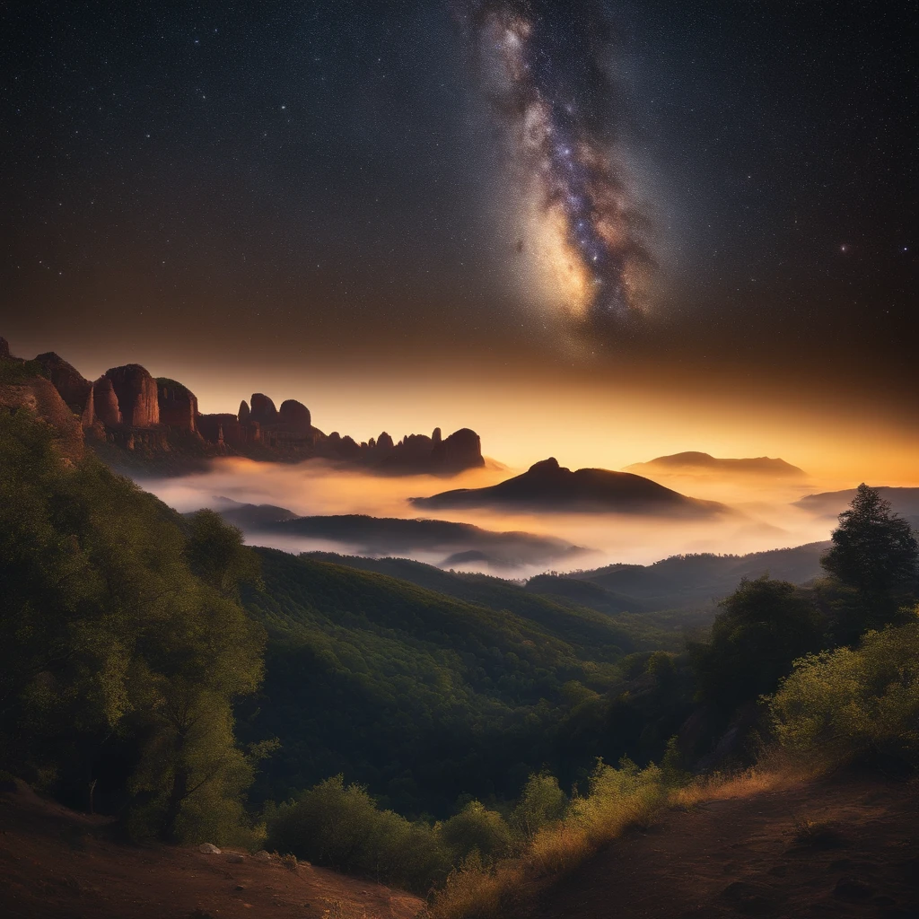 Master Parts、Superior Quality、superior image quality、The 8k quality、、Beautiful pictures of the starry sky、magnifica、Arched Milky Way:1.9、Golden City Night View:1.9