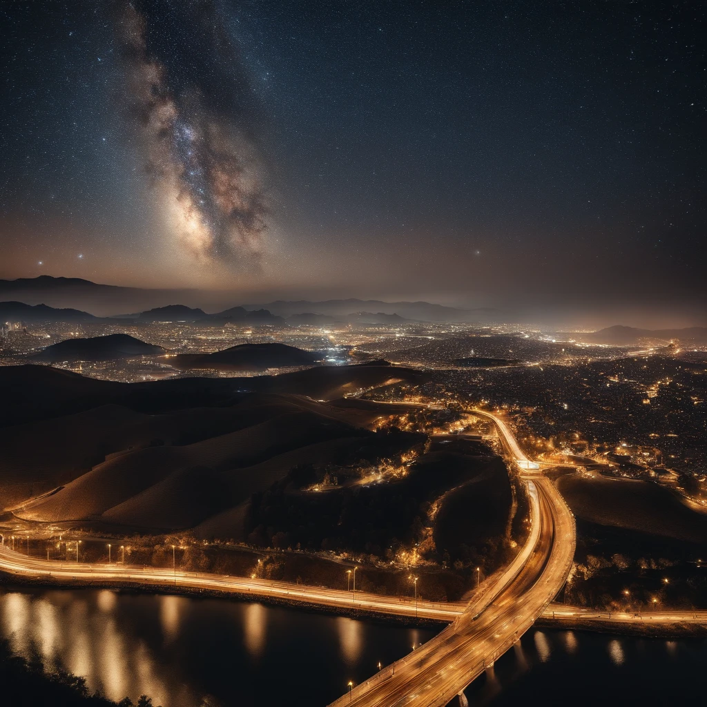 Master Parts、Superior Quality、superior image quality、The 8k quality、、Beautiful pictures of the starry sky、magnifica、Arched Milky Way:1.9、Golden City Night View:1.9