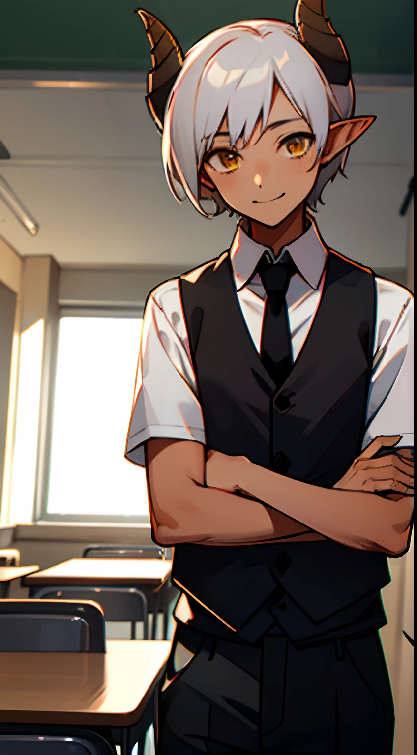 1boy,solo,smile,tanned skin,white student shirt,black tie,black vest,black pants,Short hair,white hair,yellow eyes,elves ears,black horns,classroom,1.80 meters tall,teenager