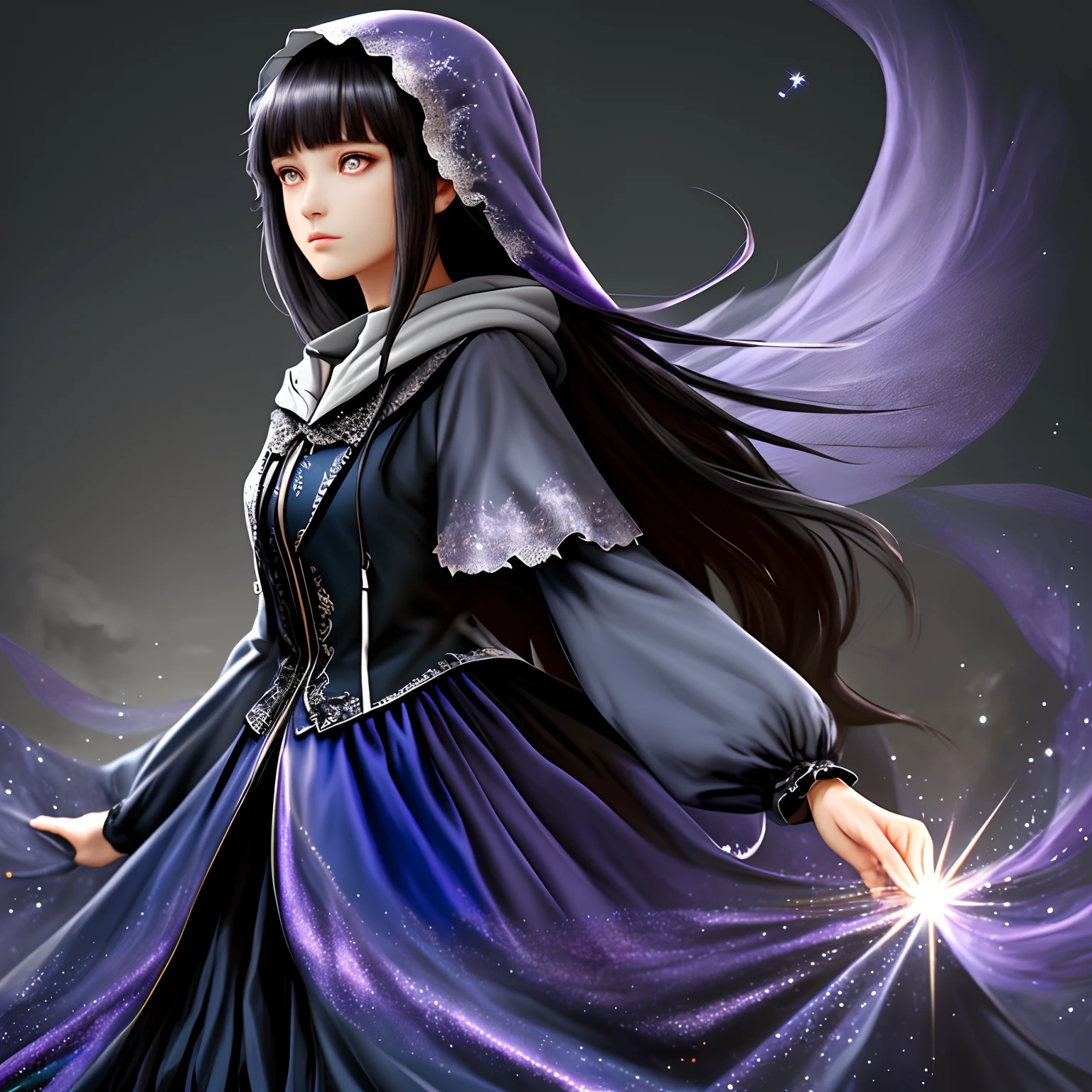 （A high resolution，ultra - detailed）， offcial art, Unity 8k壁纸, Ultra-detailed, Beautiful and aesthetically pleasing, tmasterpiece, best qualityer,long  skirt，Slim and slim girl，Wear a tulle dress with shimmering broken diamonds，With a hood，Hood head，The material of the clothes is very light，Gaia style，The clothes are wrapped in an auspicious cloud pattern,Blunt Bangs, purple eyes, long wavy dark blue hair