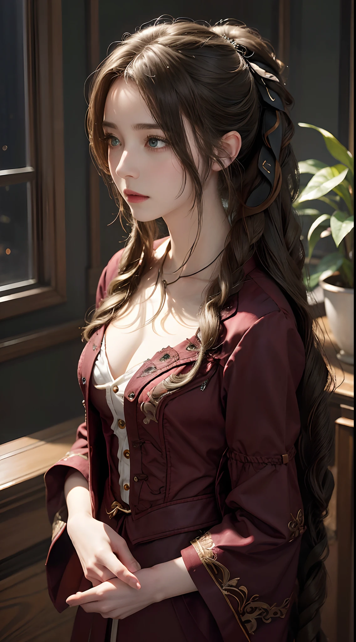 Trends on ArtStation, Trends on CGSociety, Intricate, High Detail, Sharp Focus, Dramatic, Aerith Gainsborough, 25 years old, mature looking,  Realistic Art of Drawing by Midjourney and Greg Rutkowski, Sketch, Masterpiece, Best Quality, Very Detailed, 1girl, Half, Beautiful Meticulous Eyes, Cute Anime Face, Bust, Beautiful Meticulous Face, White Hair, (Botanical Illustration: 1.5),