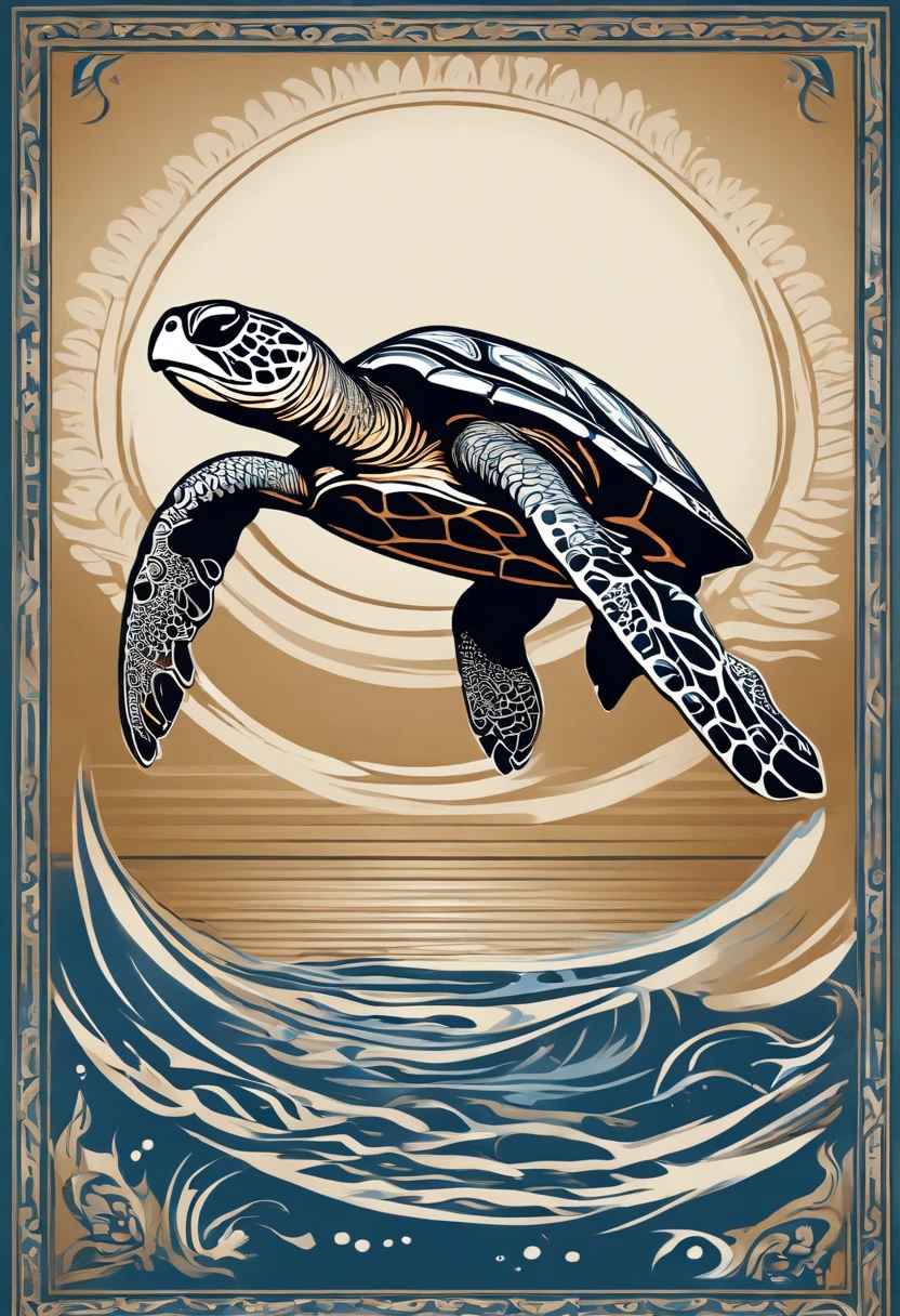A clean picture of a sea turtle jumping out of the water, a simple Haida design flowing inside the sea turtle, the Haida design is simple, clean flowing lines without filler patterns inside, side view of the whole body, Art Nouveau advertising style , looking down. Direct your eyes forward, cinematic, typography