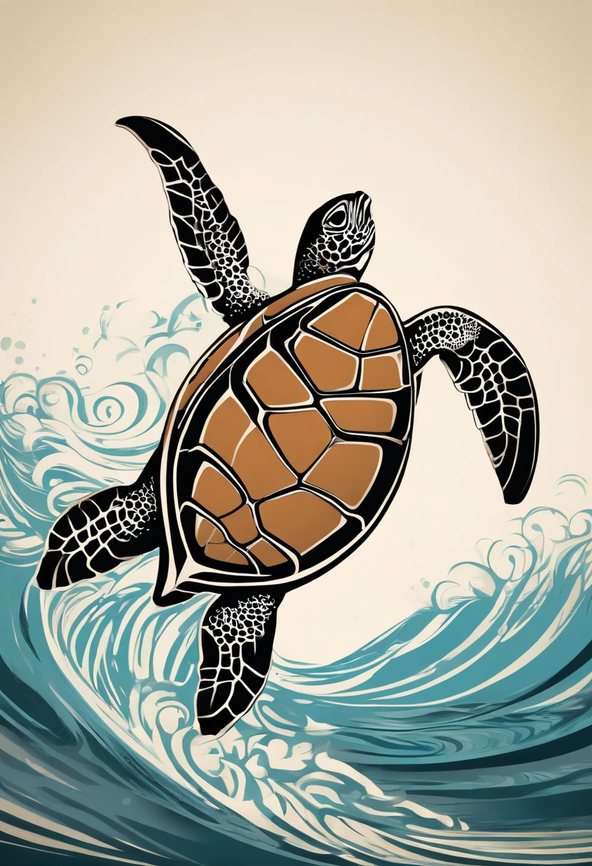 A clean picture of a sea turtle jumping out of the water, a simple Haida design flowing inside the sea turtle, the Haida design is simple, clean flowing lines without filler patterns inside, side view of the whole body, Art Nouveau advertising style , looking down. Direct your eyes forward, cinematic, typography
