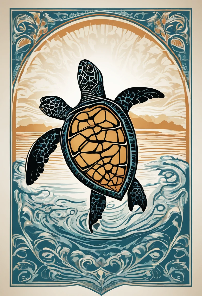 A clean picture of a sea turtle jumping out of the water, a simple Haida design flowing inside the sea turtle, the Haida design is simple, clean flowing lines without filler patterns inside, side view of the whole body, Art Nouveau advertising style , looking down. Direct your eyes forward, cinematic, typography